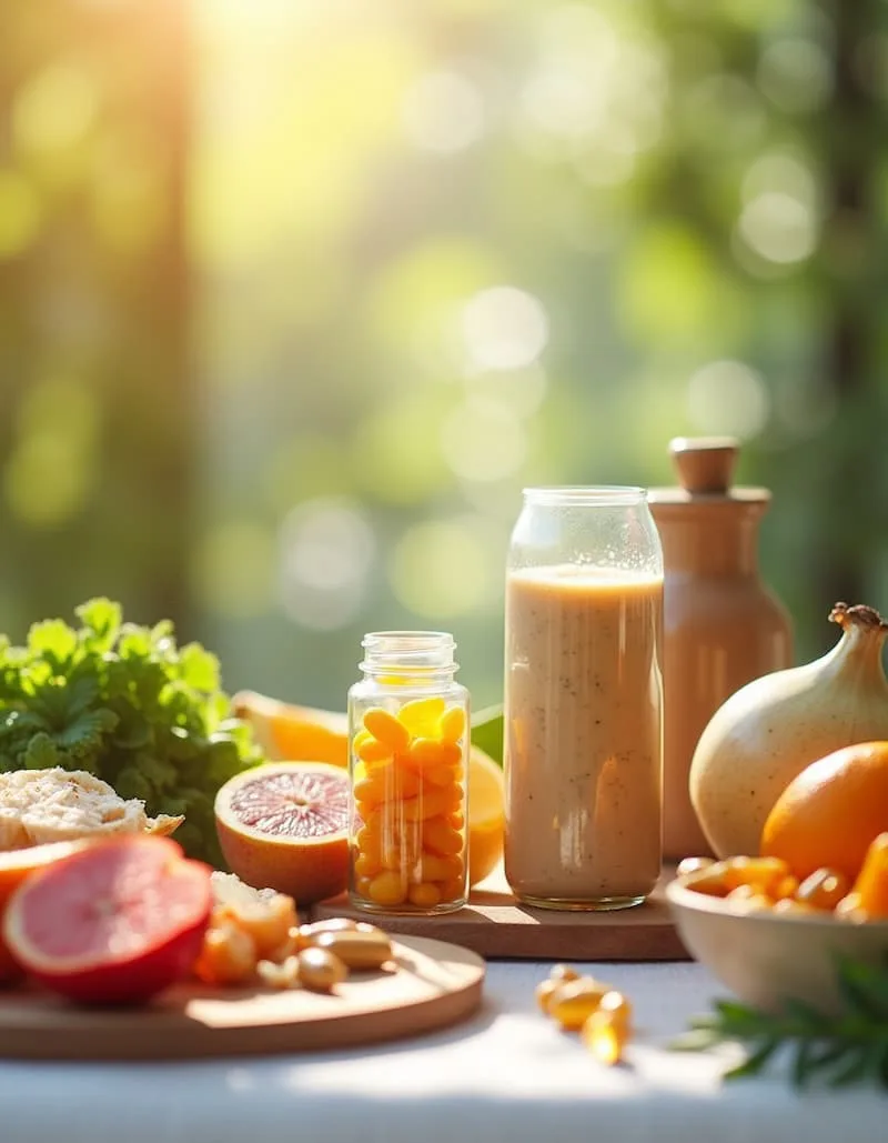 Nutricion y Salud Suplementos y batido saludable rodeados de frutas frescas y alimentos nutritivos en un entorno natural.