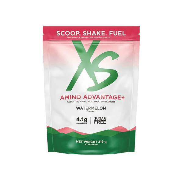 XS Amino Advantage+ – Suplemento de aminoácidos esenciales sin azúcar para recuperación muscular.