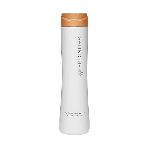 Botella de Acondicionador Suave e Hidratante SATINIQUE™ blanca con tapa cobre, cuidado capilar nutritivo.