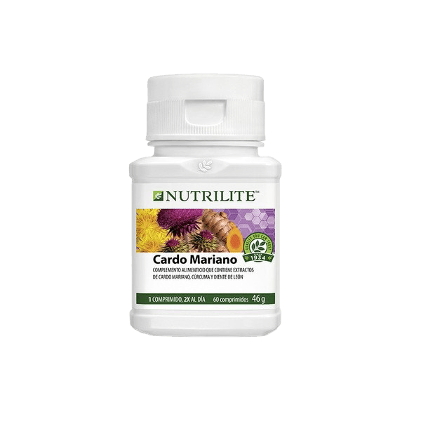 Botella de suplemento Nutrilite Cardo Mariano con cúrcuma y diente de león
