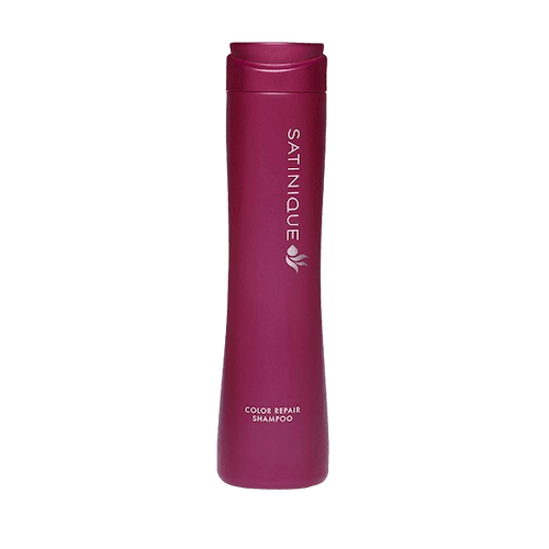 Botella de Champú Reparador para el Cuidado del Color SATINIQUE™ en tono burdeos, protección capilar para cabello teñido.