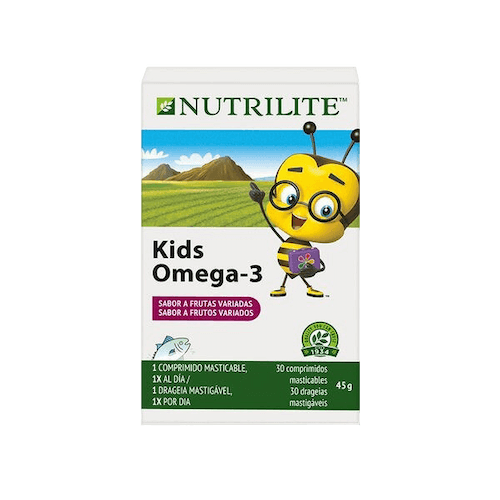 Caja de Kids Omega-3 de Nutrilite con sabor a frutas variadas y diseño infantil