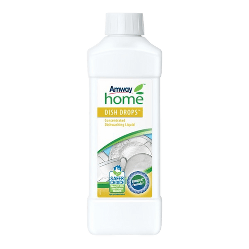 Botella de lavavajillas líquido DISH DROPS de Amway con fondo transparente.