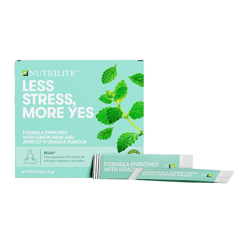 Suplemento Less Stress, More Yes Nutrilite con melisa y sabor a albaricoque y naranja.
