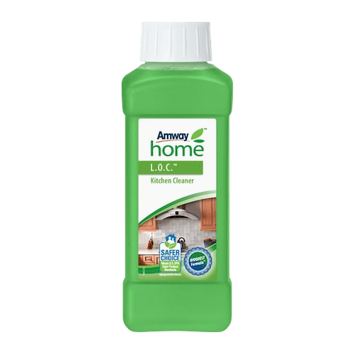 Botella de Limpiador de Cocinas L.O.C. de Amway con fondo verde intenso.