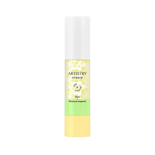 Suero facial iluminador e hidratante Artistry Studio en envase amarillo y verde