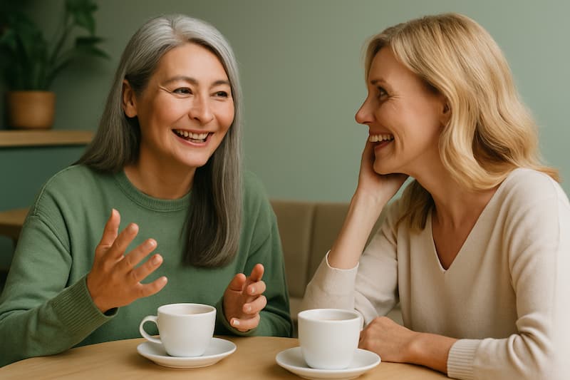 Dos mujeres maduras conversando con alegría en una cafetería acogedora mientras disfrutan de un café